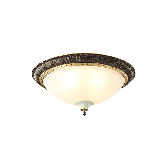 Black Milk Glass Ceiling Lamp With Leaf/Flower Trim - Traditional 3-Head Flush Mount