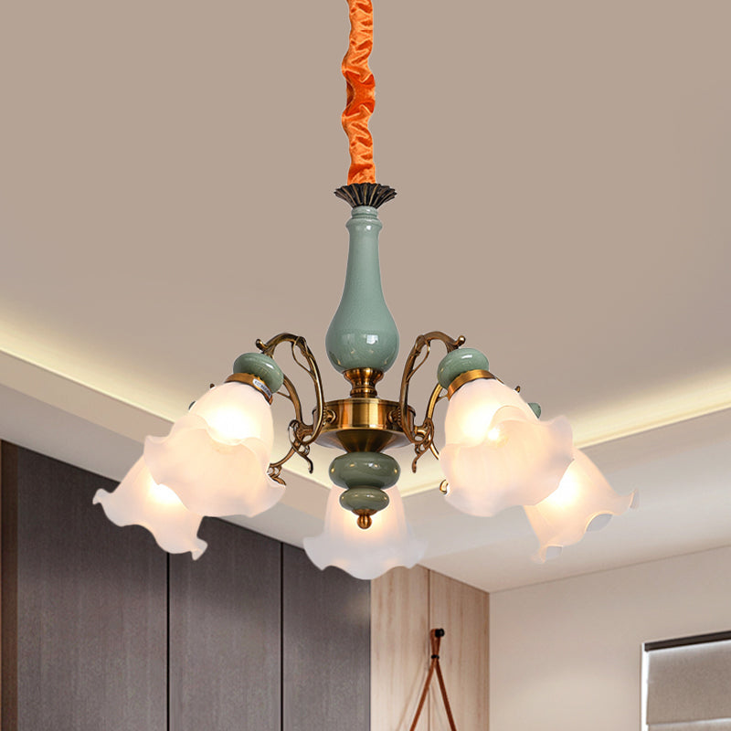 Opal Glass Ceiling Chandelier With Flower Design - Traditional 3/5 Heads Light Blue/Pewter