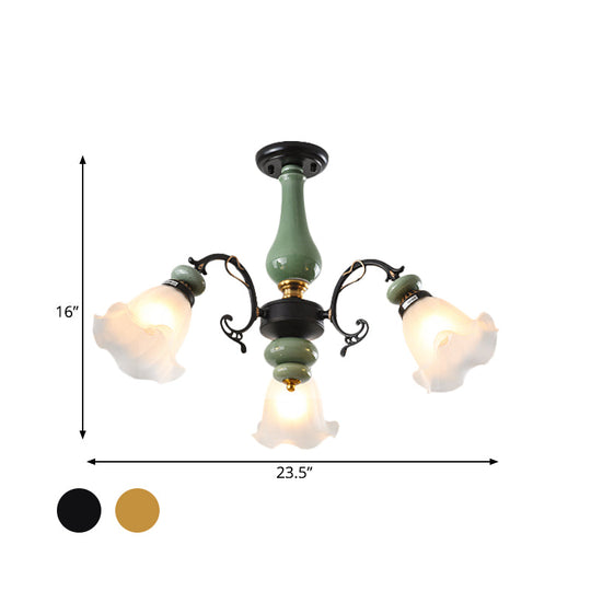 Gold/Black Floral Semi Mount Opal Glass Ceiling Lamp With 3/5 Traditional Lighting Heads - Perfect