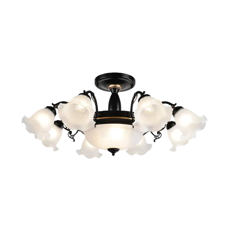 Floral Opal Glass Semi Flush Lighting - Farmhouse White/Black Finish For Living Room Ceiling
