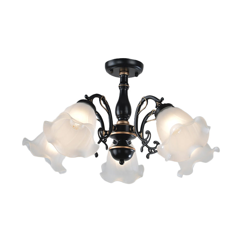 3/5 - Light Floral Semi - Flush Ceiling Light - Countryside White/Black Finish With Cream Glass