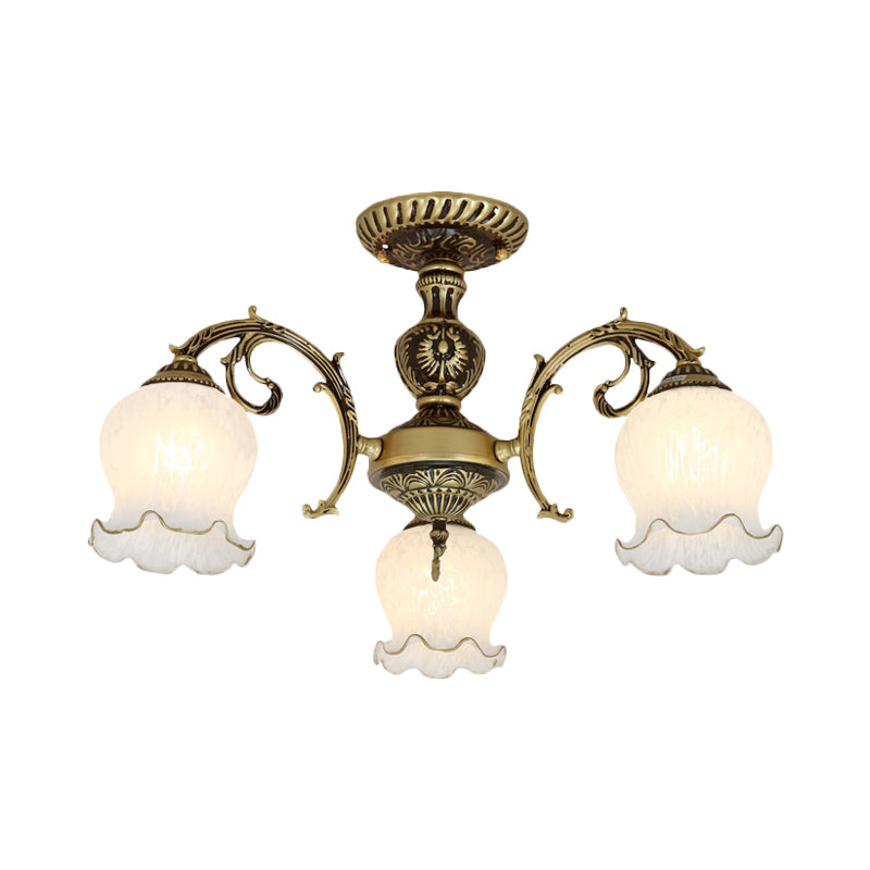 Frosted Glass Bronze Semi Flush Ceiling Lamp With Flower Design - 3/5/6 - Bulb Antique Lighting