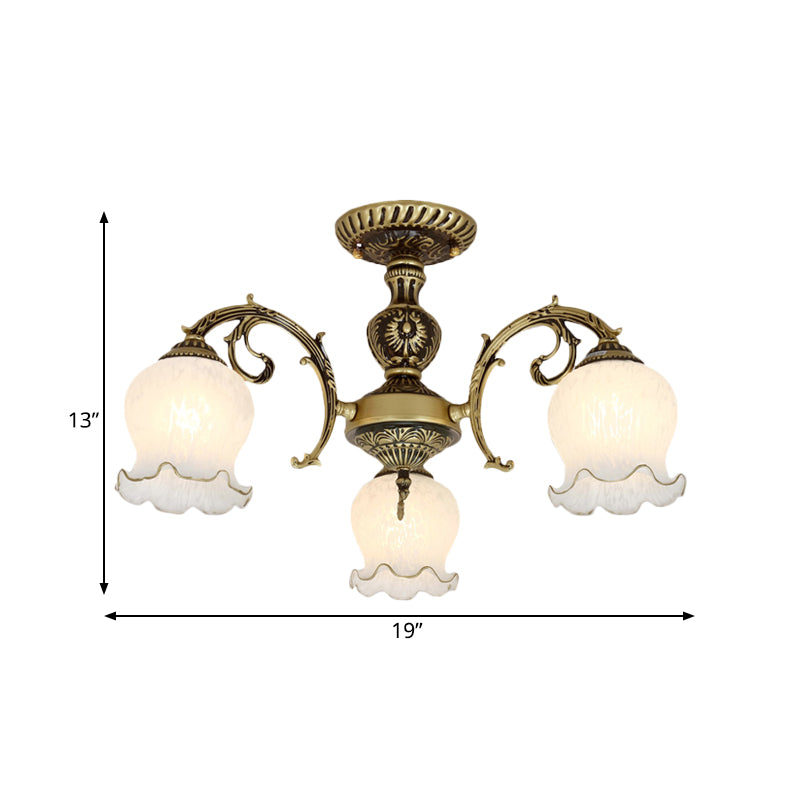 Frosted Glass Bronze Semi Flush Ceiling Lamp With Flower Design - 3/5/6 - Bulb Antique Lighting