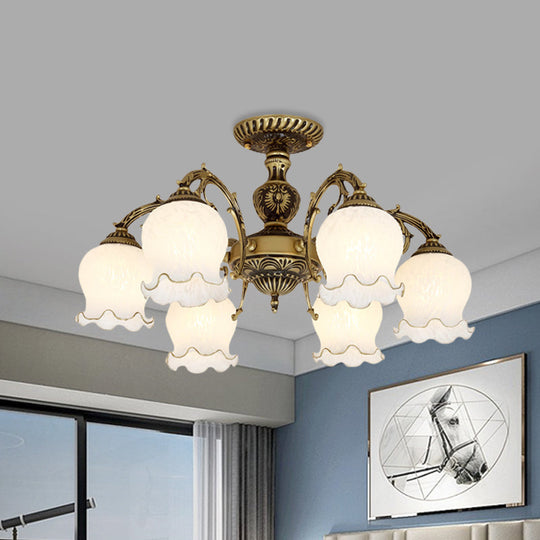 Frosted Glass Bronze Semi Flush Ceiling Lamp With Flower Design - 3/5/6 - Bulb Antique Lighting