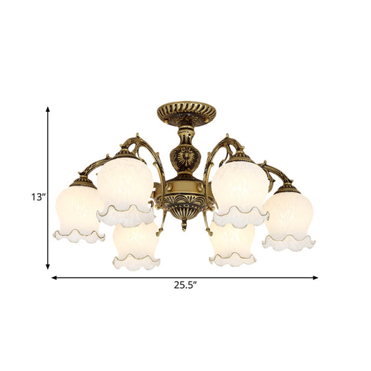 Frosted Glass Bronze Semi Flush Ceiling Lamp With Flower Design - 3/5/6 - Bulb Antique Lighting