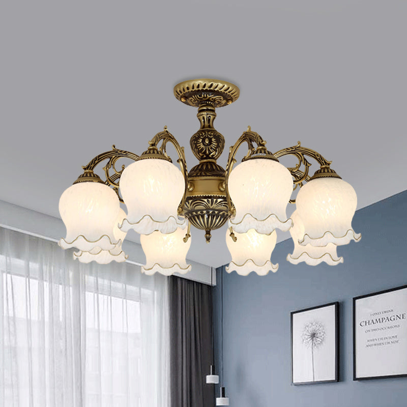 Frosted Glass Bronze Semi Flush Ceiling Lamp With Flower Design - 3/5/6 - Bulb Antique Lighting