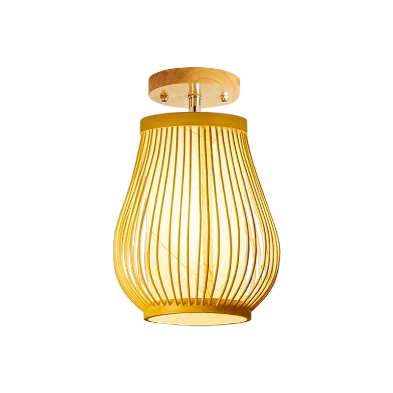 Asia 1 - Head Ceiling Mounted Wood Pear/Globe Light Fixture With Bamboo Cage And Shade