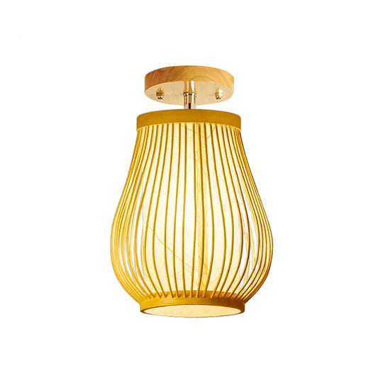 Asia 1 - Head Ceiling Mounted Wood Pear/Globe Light Fixture With Bamboo Cage And Shade