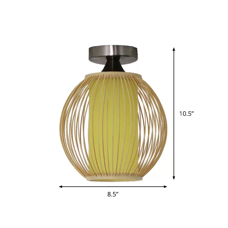 Asia 1 - Head Ceiling Mounted Wood Pear/Globe Light Fixture With Bamboo Cage And Shade