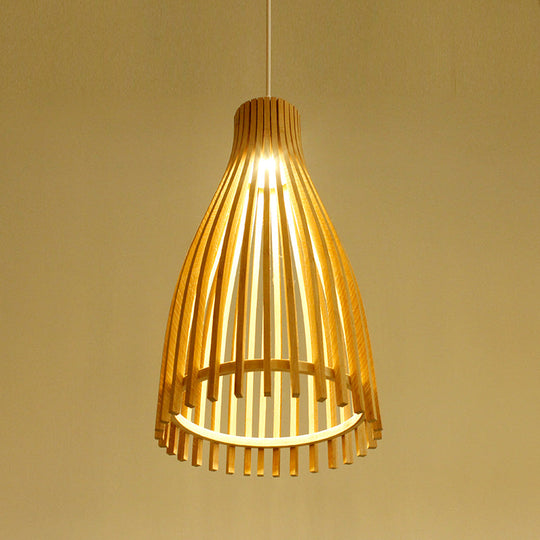 Bamboo Strip Japanese Pendant Lamp - 1-Light Beige Ceiling Light For Tea House