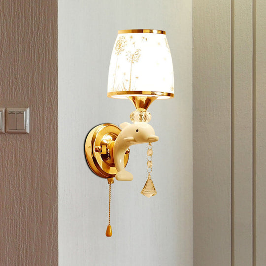 Dolphin Wall Mount Light Metal Sconce In White With Pull Chain - Kids Bedside Fixture 1/2 Lights