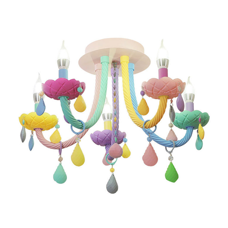 Macaron Candelabra Semi - Flush Mount Ceiling Light With 5/6 Metal Lights In Blue - Pink - Yellow