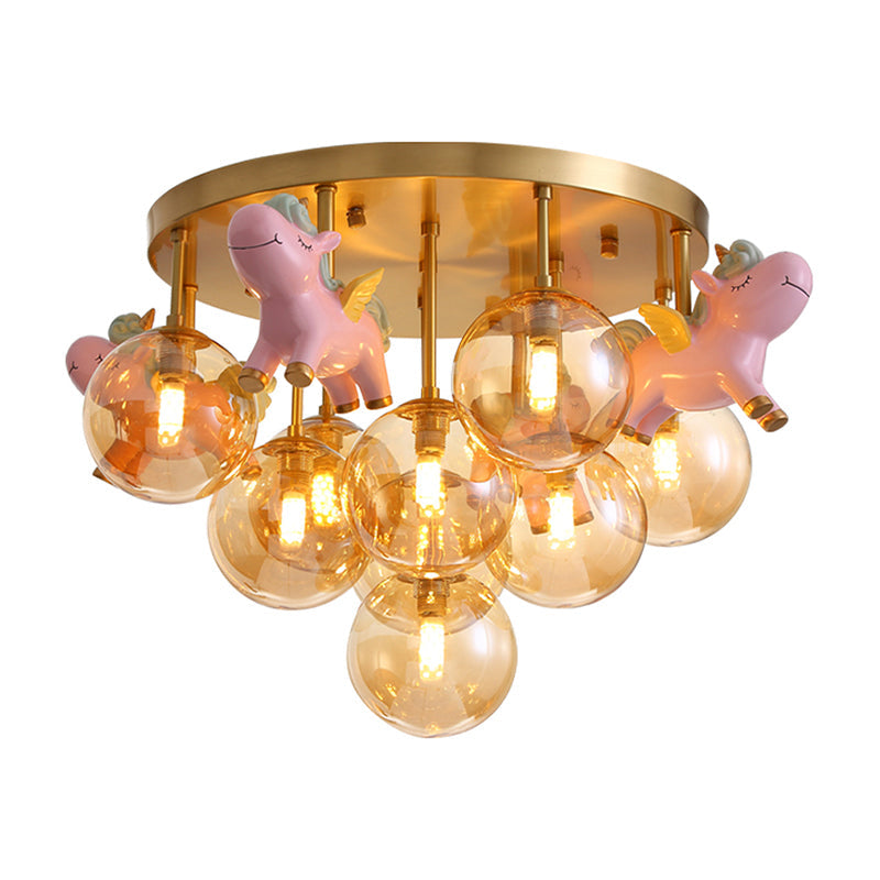 Gold Metal Cartoon Pony Semi - Flush Mount Lamp With Amber Glass Shades - 9 Head Macaron Ceiling