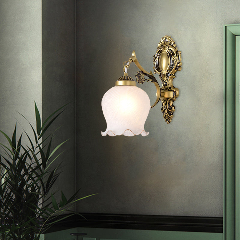 Opal Glass Flower Wall Lamp Fixture In Antique Bronze - Bedroom Mount Light