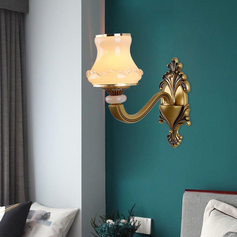 Vintage Frosted Glass Wall Lamp With Brass Mount - Urn Shape 1/2-Bulb Living Room Lighting