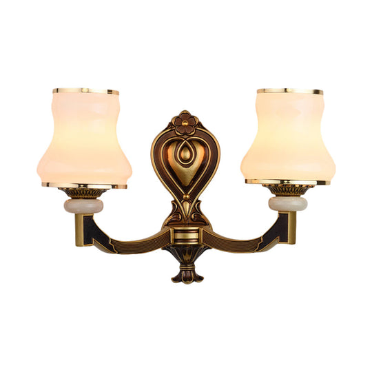 Vintage Frosted Glass Wall Lamp With Brass Mount - Urn Shape 1/2-Bulb Living Room Lighting