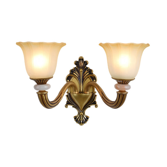 Traditional Flower-Shape Opal Glass Wall Sconce Light Fixture In Brass