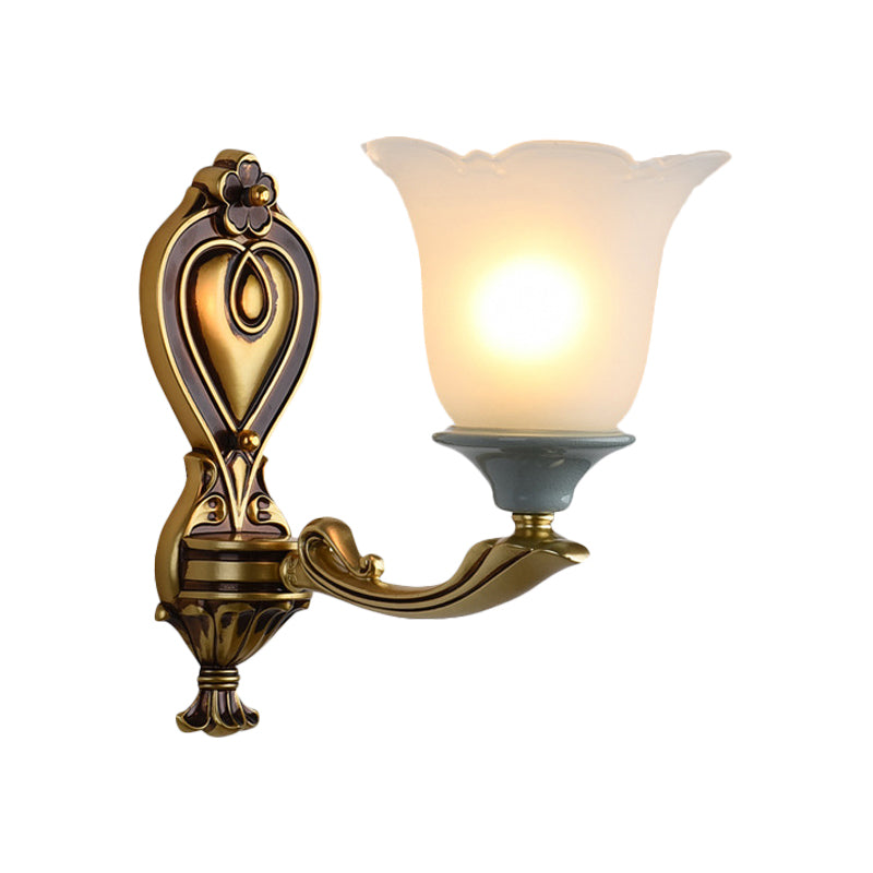 Traditional Flower-Shape Opal Glass Wall Sconce Light Fixture In Brass