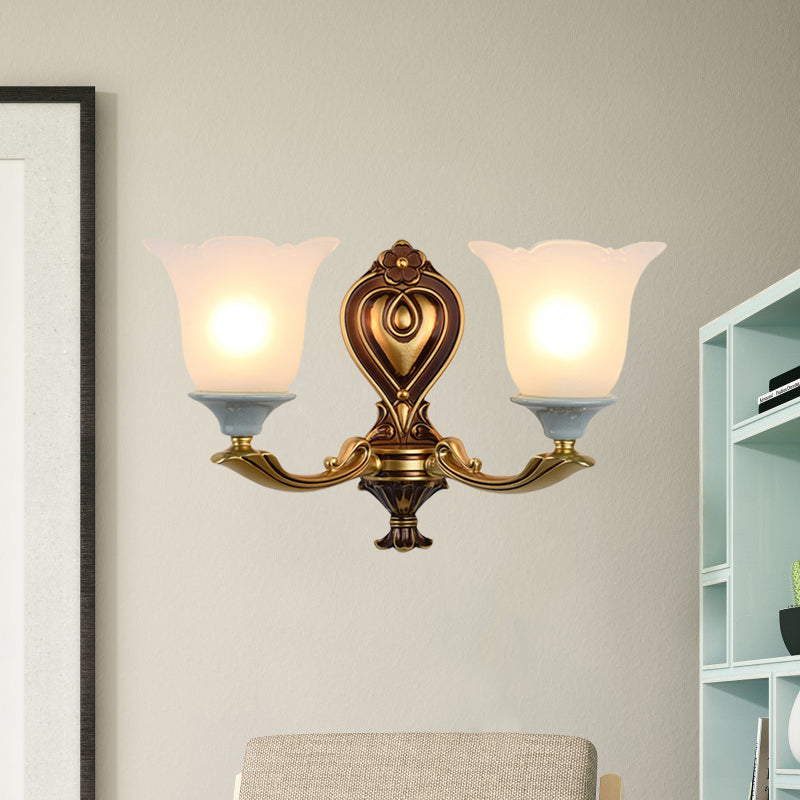 Traditional Flower-Shape Opal Glass Wall Sconce Light Fixture In Brass