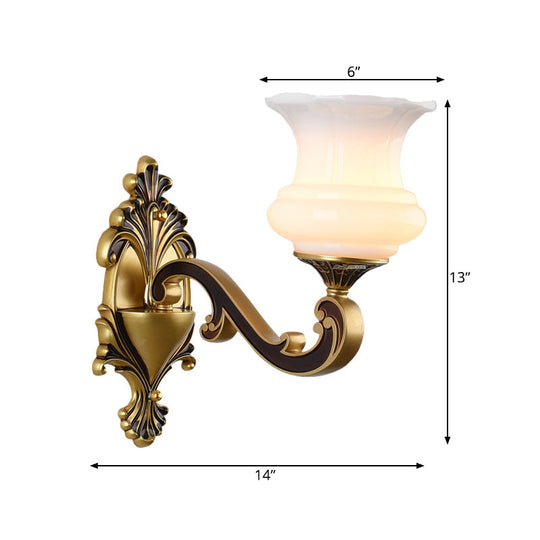 Vintage Curved Arm Brass Wall Lamp With Flower Milk Glass Shade