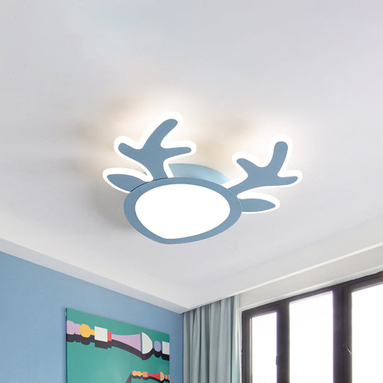 Macaroon Pink/Blue Led Children’s Bedroom Ceiling Light - Antler Iron Flush Mount Lamp