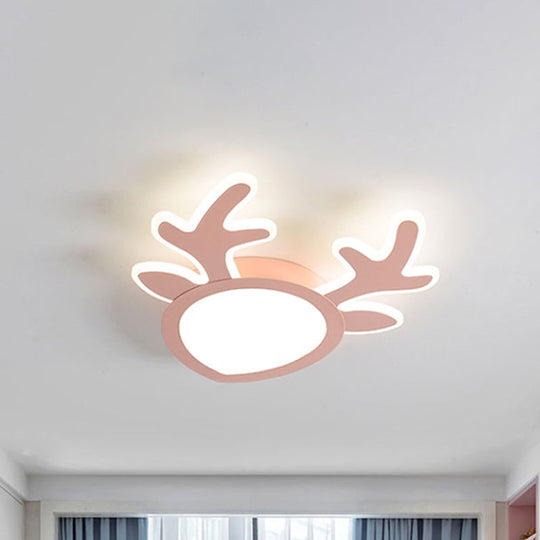 Macaroon Pink/Blue Led Children’s Bedroom Ceiling Light - Antler Iron Flush Mount Lamp