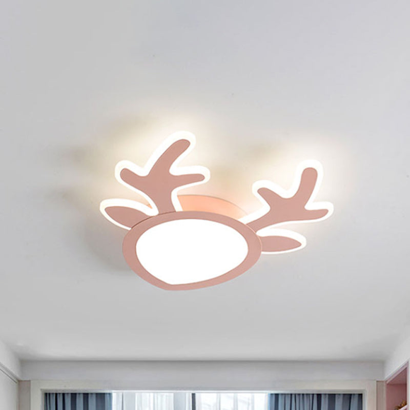 Macaroon Pink/Blue Led Childrens Bedroom Ceiling Light - Antler Iron Flush Mount Lamp