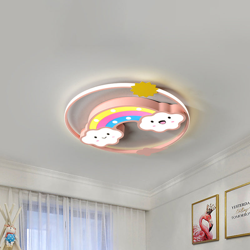 Iron Rainbow/Cloud Flush Mount Led Ceiling Light - Cartoon Pink/Blue Fixture For Kids’ Bedroom