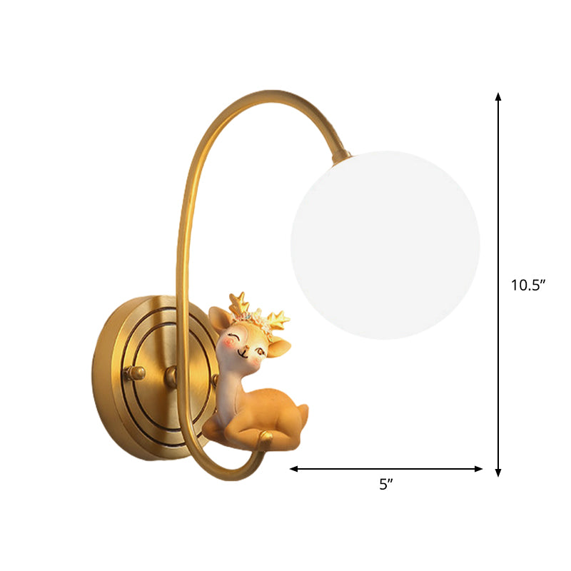 Gold Kids Night Lamp With Deer Decoration And Opal Glass Shade