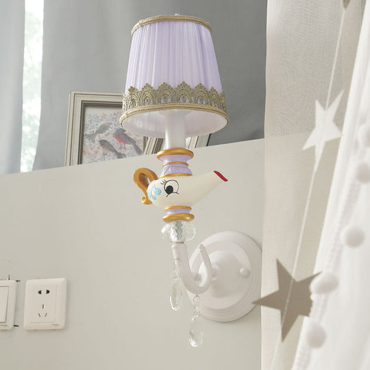 Contemporary White-Gold Teapot Deco Indoor Sconce Light With Barrel Fabric Shade