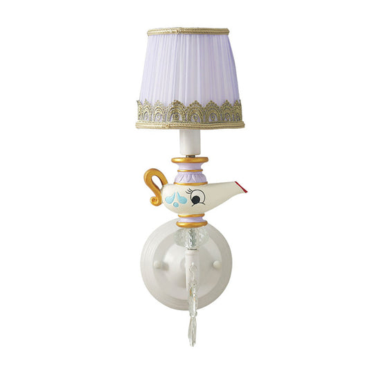 Contemporary White-Gold Teapot Deco Indoor Sconce Light With Barrel Fabric Shade