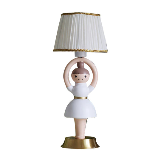 Vera - White Cartoon Girl Light Base Table Lamp Kids 1 Head Resin Nightstand With Fabric Shade