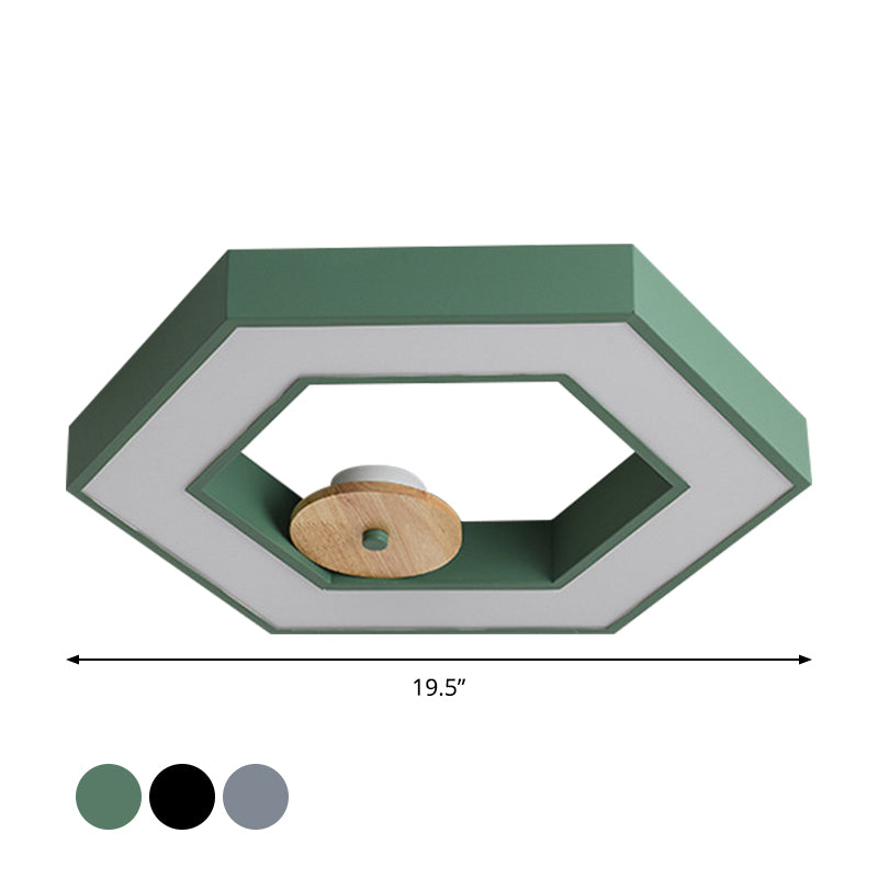 Hexagon Frame Metallic Led Macaron Flush Mount Ceiling Lighting In Green/Grey/Black And Wood For