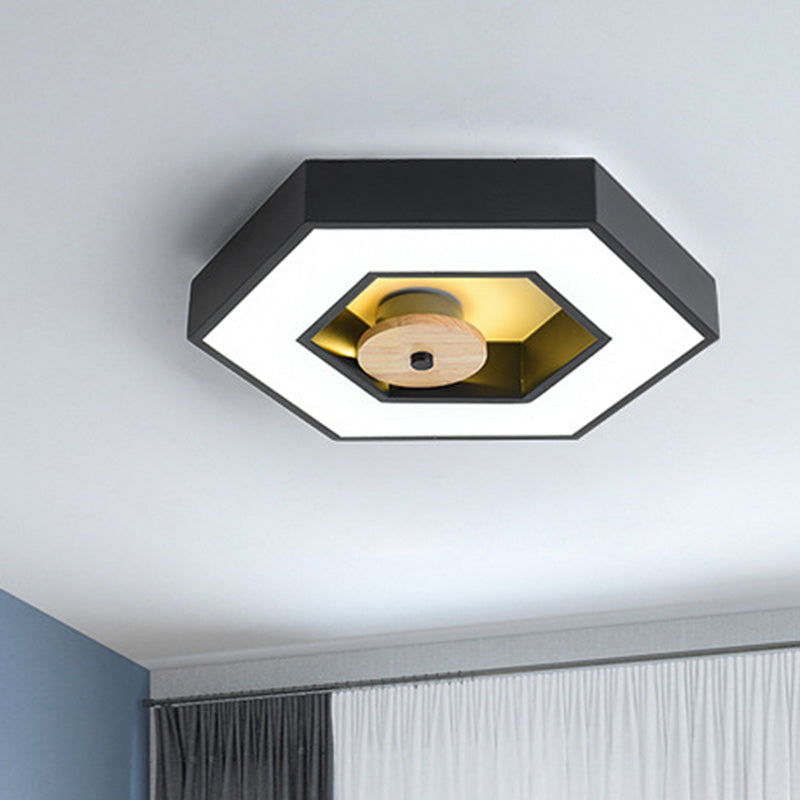 Hexagon Frame Metallic Led Macaron Flush Mount Ceiling Lighting In Green/Grey/Black And Wood For