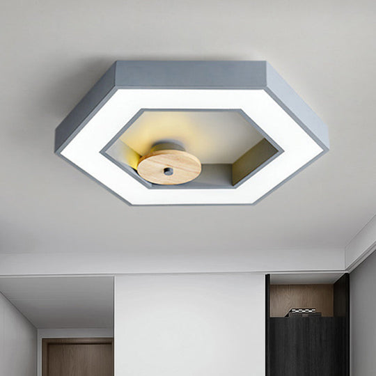 Hexagon Frame Metallic Led Macaron Flush Mount Ceiling Lighting In Green/Grey/Black And Wood For