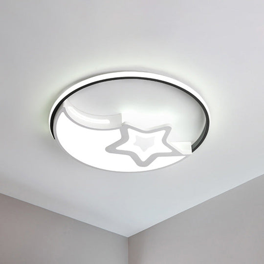 Nordic Led Flushmount Lamp - White - Black Moon And Star Design Acrylic Shade In Warm/White Light