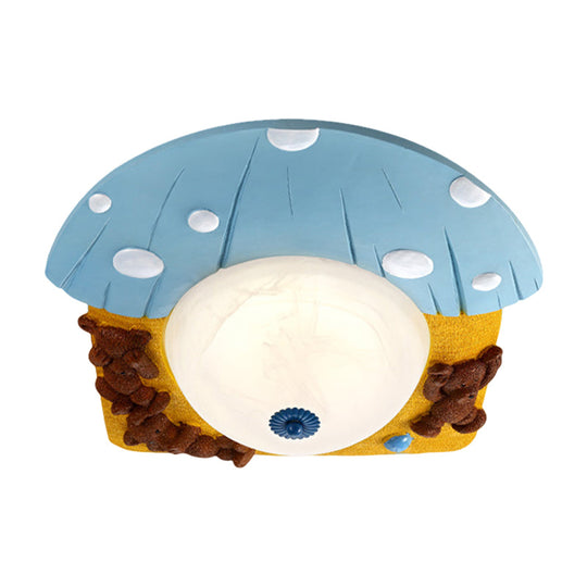 Cartoon Bear Ceiling Mounted Led Flush Light For Kids’ Rooms - Red/Blue With White Glass Shade