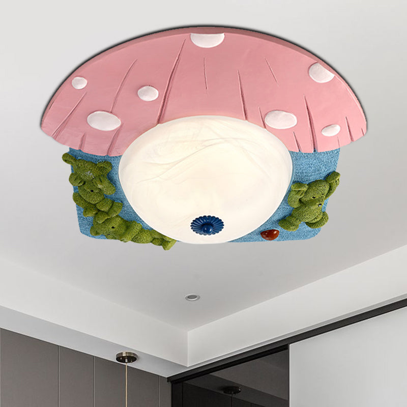 Cartoon Bear Ceiling Mounted Led Flush Light For Kids Rooms - Red/Blue With White Glass Shade