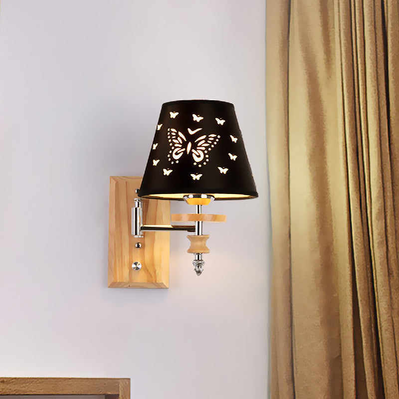 Butterfly-Patterned Wooden Wall Mounted Sconce With Black Barrel Fabric And 1/2 Kid-Friendly Lights