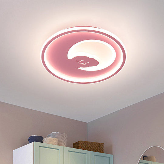 Modern Led Bedroom Light: White/Pink Flush Mount Ceiling Fixture With Moon Acrylic Shade