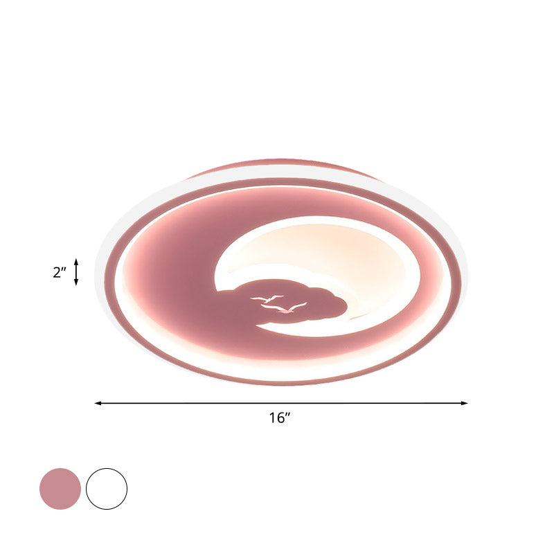 Modern Led Bedroom Light: White/Pink Flush Mount Ceiling Fixture With Moon Acrylic Shade