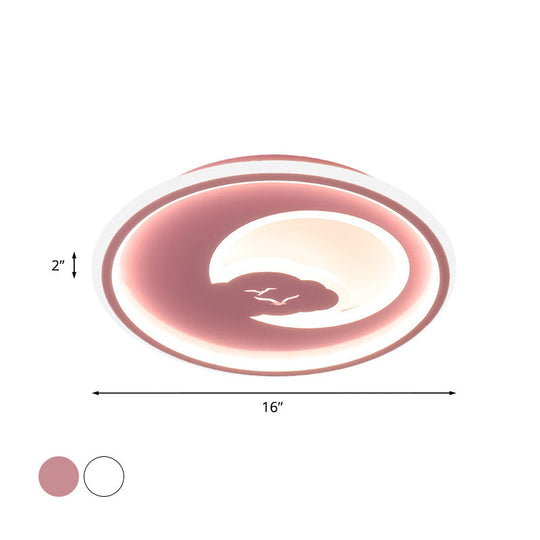 Modern Led Bedroom Light: White/Pink Flush Mount Ceiling Fixture With Moon Acrylic Shade