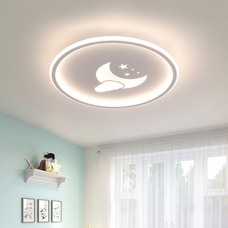 Contemporary Moon And Star Pink/White Round Acrylic Led Ceiling Light