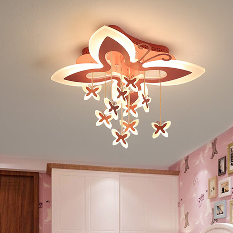 Led Bedroom Flush Light: Pink Ceiling Mounted Fixture With Butterfly Acrylic Shade In Warm/White