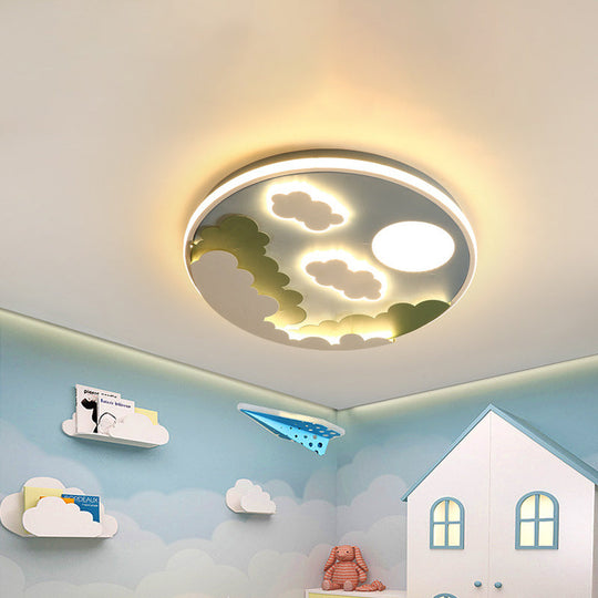 Cartoon Blue Led Flush Mount Nursery Ceiling Lamp With Cloud And Moon Acrylic Shade