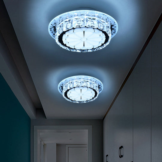 Simple Drum Clear Crystal Flush Mount Lighting With 5 Lights White Acrylic Shade For Corridor