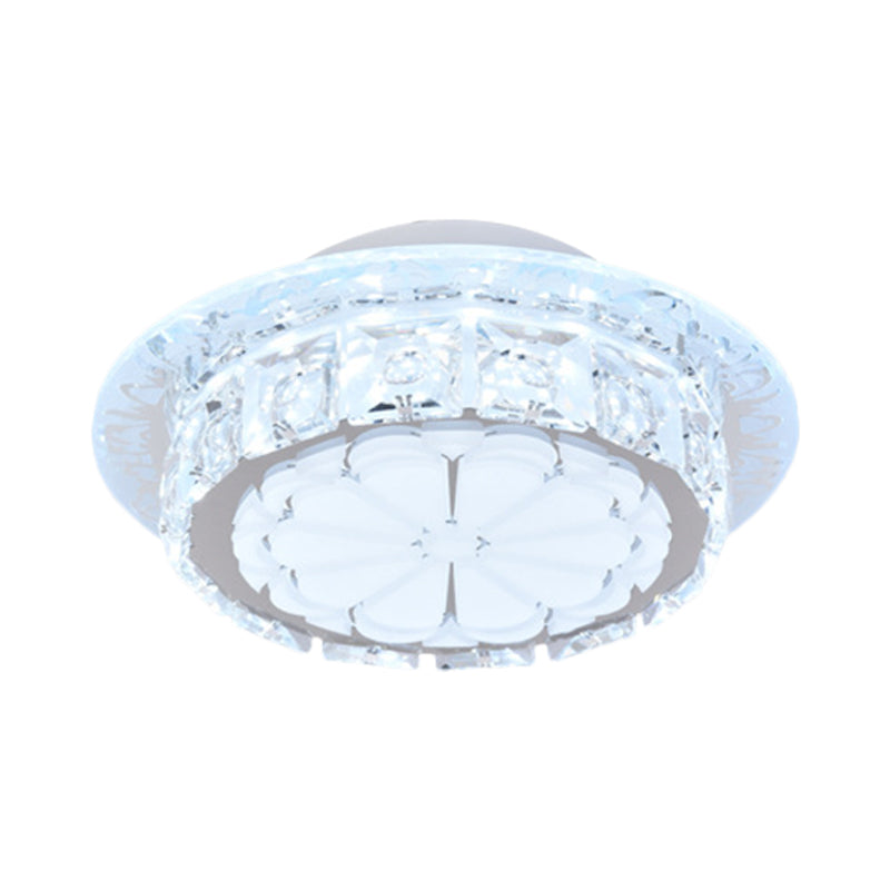 Simple Drum Clear Crystal Flush Mount Lighting With 5 Lights White Acrylic Shade For Corridor