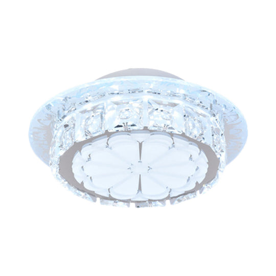 Simple Drum Clear Crystal Flush Mount Lighting With 5 Lights White Acrylic Shade For Corridor