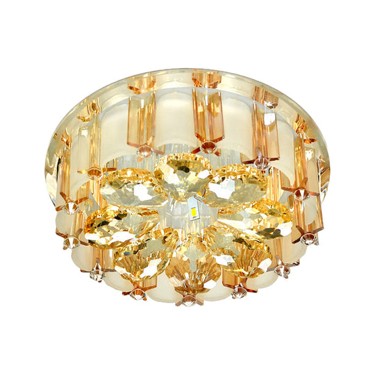 Modern Led Flush Mount Ceiling Light With Amber Crystal Flower Design