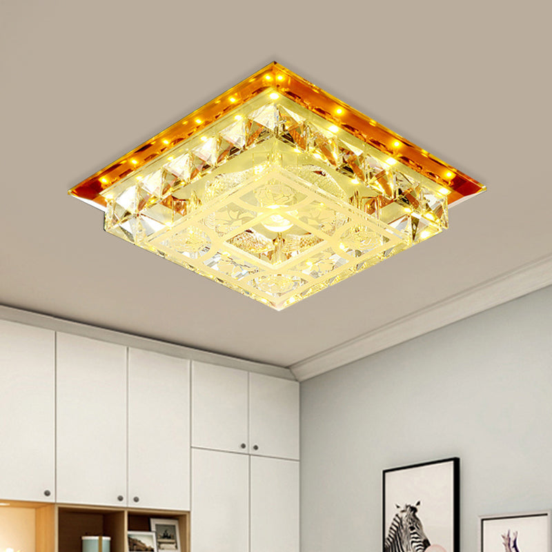 Modern Led Crystal Flush Ceiling Light Fixture In Tan - Square Block Design With Warm/White/Natural
